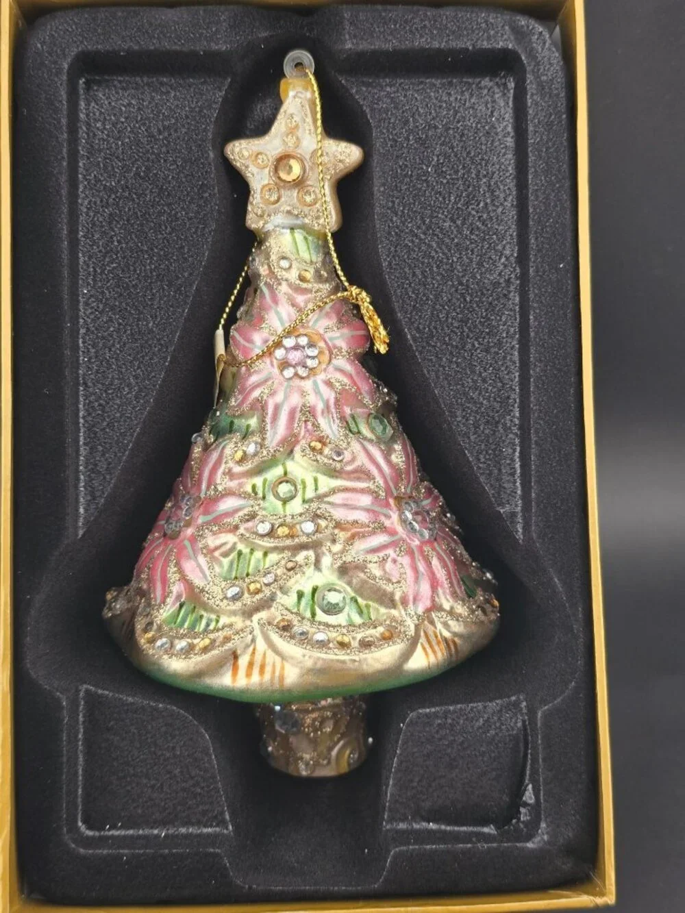 Dillards Handcrafted Glitter Christmas Tree Ornament Pink Green & Rhinestones 5